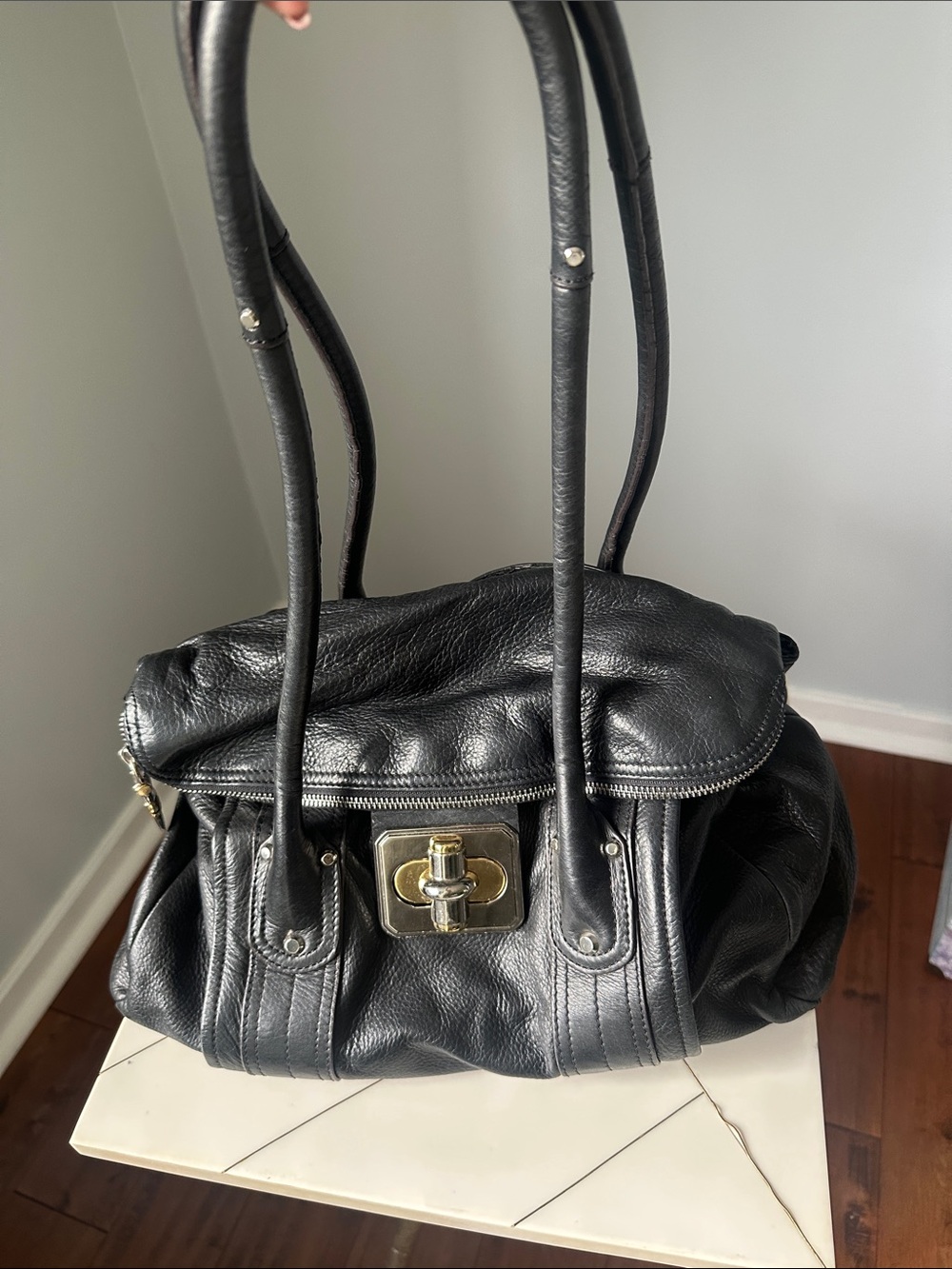 b. makowsky Black Leather Shoulder Bag with Gold Turn-Lock Detail